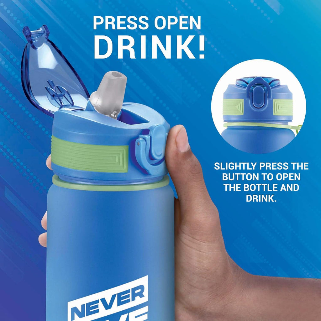 MILTON Gen'Z Water Bottle 1 ltr (Never Give Up), Motivational Water Bottles With Leak Proof Flip-Top Cap & Capacity Mark, Gym Bottle Sipper Water Bottle For Adults, Plastic, Blue