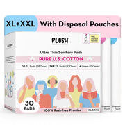 Plush Ultra-Thin Sanitary Napkins for Women, 30 Pcs | 16 XL Pads (Light-Medium Flow), 14 XXL Pads (Heavy Flow), 4Panty Liners | 100% Rash-Free | Pure U.S. Cotton XXL Sanitary Pads