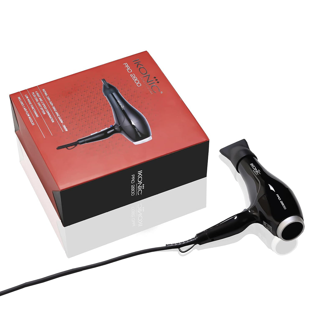 IKONIC Pro 2800+ Hair Dryer, Black|Professional|Brushless Dc Motor|Low Noise Function|Lightweight Design|Interchangeable Nozzle|Diffuser Attachment|Versatile Heat&Speed Setting|2600 Watts