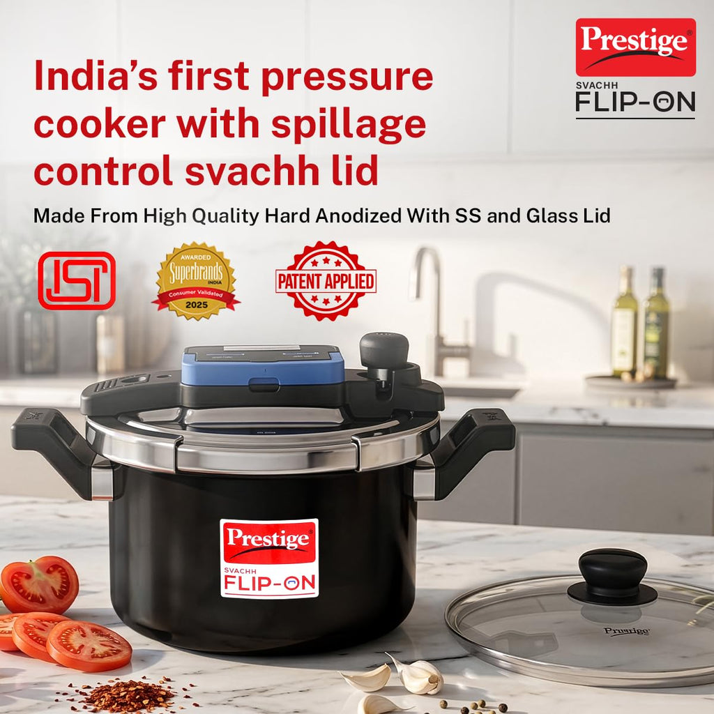 Prestige 5 Litre Hard Anodised Flip On Svachh Outerlid Pressure Cooker with Glass Lid|Deep lid for spillage control|Lid with single hand operation|Gas & Induction Compatible|5 Y warranty|ISI Certified