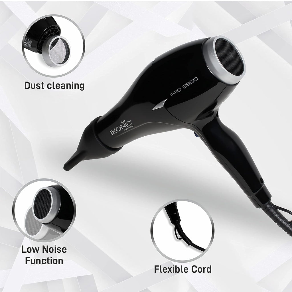 IKONIC Pro 2800+ Hair Dryer, Black|Professional|Brushless Dc Motor|Low Noise Function|Lightweight Design|Interchangeable Nozzle|Diffuser Attachment|Versatile Heat&Speed Setting|2600 Watts
