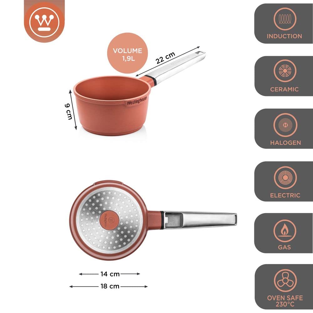 Westinghouse Performance Series (WCSP0095N18OR) Saucepan - 18 cm Milk Pan Induction - Small Cooking Pot for All Types of Hobs and Oven-Safe - Cool Touch Stainless Steel Handle - Orange, 1.9 Litre