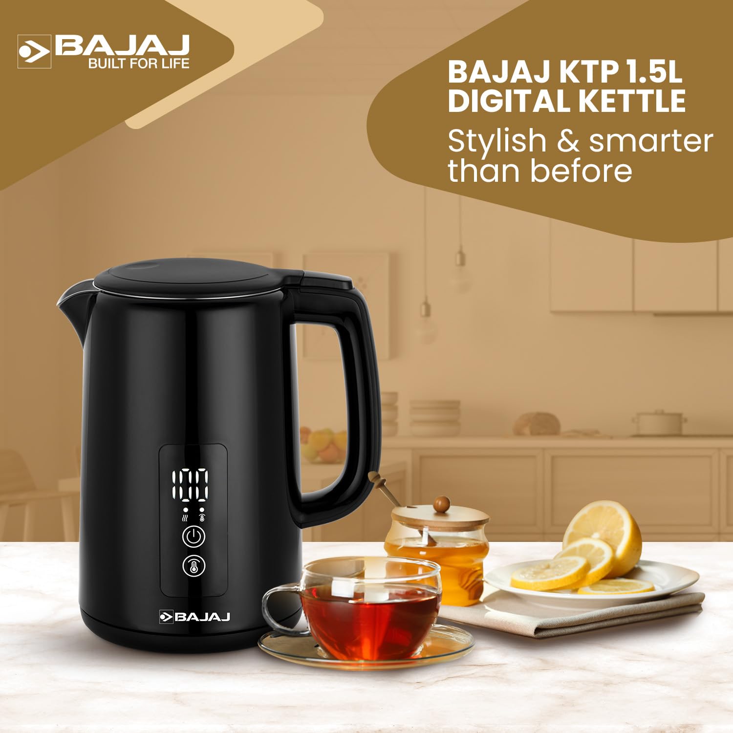 Bajaj KTP 1.5 Litre Digital Electric Kettle | Auto Shut-Off | Dry Boil Mechanism | Digital Temperature Display | 360-Degree Cordless Operation | 2-Yr Warranty By Bajaj 【Black】