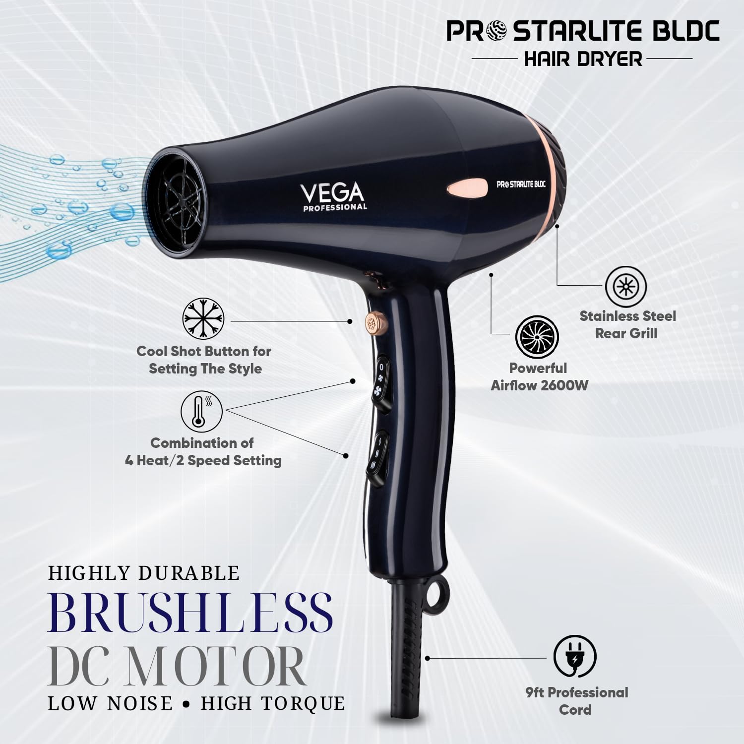 VEGA PROFESSIONAL Pro Starlite BLDC 2600W Hair Dryer for Women & Men | Professional Blow Dryer with Combination of 4 Heat & 2 Speed Modes, 16 Amp Plug Fast Hair Drying (VPPHD-12)