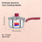 Prestige Platina Popular Stainless Steel Gas and Induction Compatible Sauce Pan with Glass Lid, 140 mm