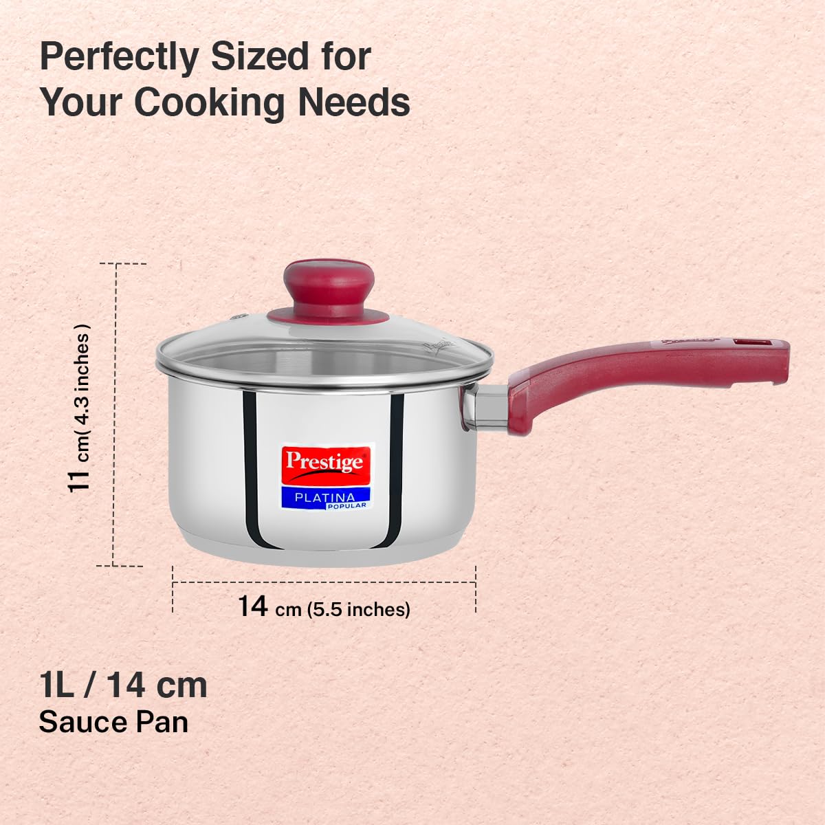 Prestige Platina Popular Stainless Steel Gas and Induction Compatible Sauce Pan with Glass Lid, 140 mm