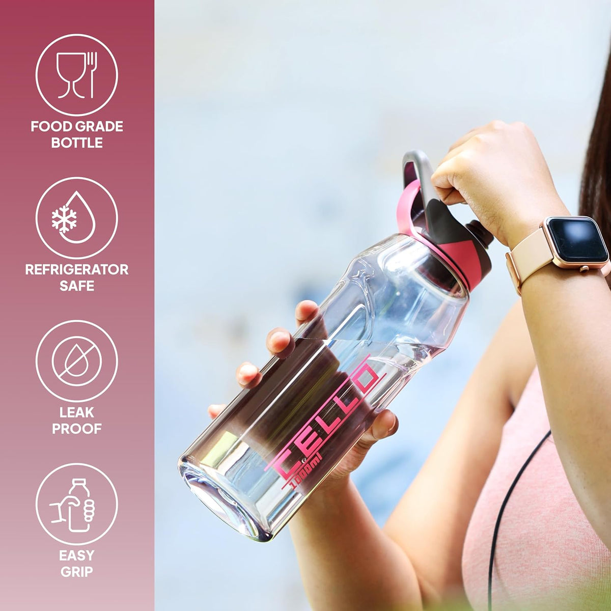 CELLO Fitbe Flip Cap Water Bottle For Daily Use 1000 ml, Black Pink | BPA Free, Reusable & Unbreakable Leakproof Lightweight Easy to Carry with Handle PET Water Bottle For Gym Office Indoor & Outdoor