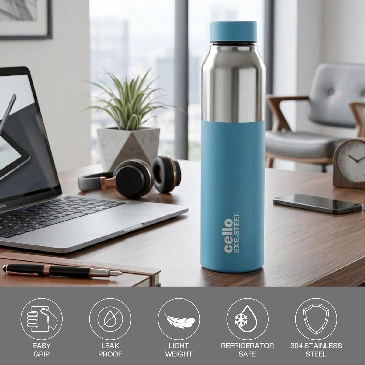 CELLO Arctic Stainless Steel Water Bottle for Office & Daily Use 1000 ml Blue | ISI Certified Fridge Safe Easy Grip Stylish Colorful Rustproof & Leakproof Steel Water Bottle for Travel Gym College