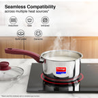 Prestige Platina Popular Stainless Steel Gas and Induction Compatible Sauce Pan with Glass Lid, 140 mm