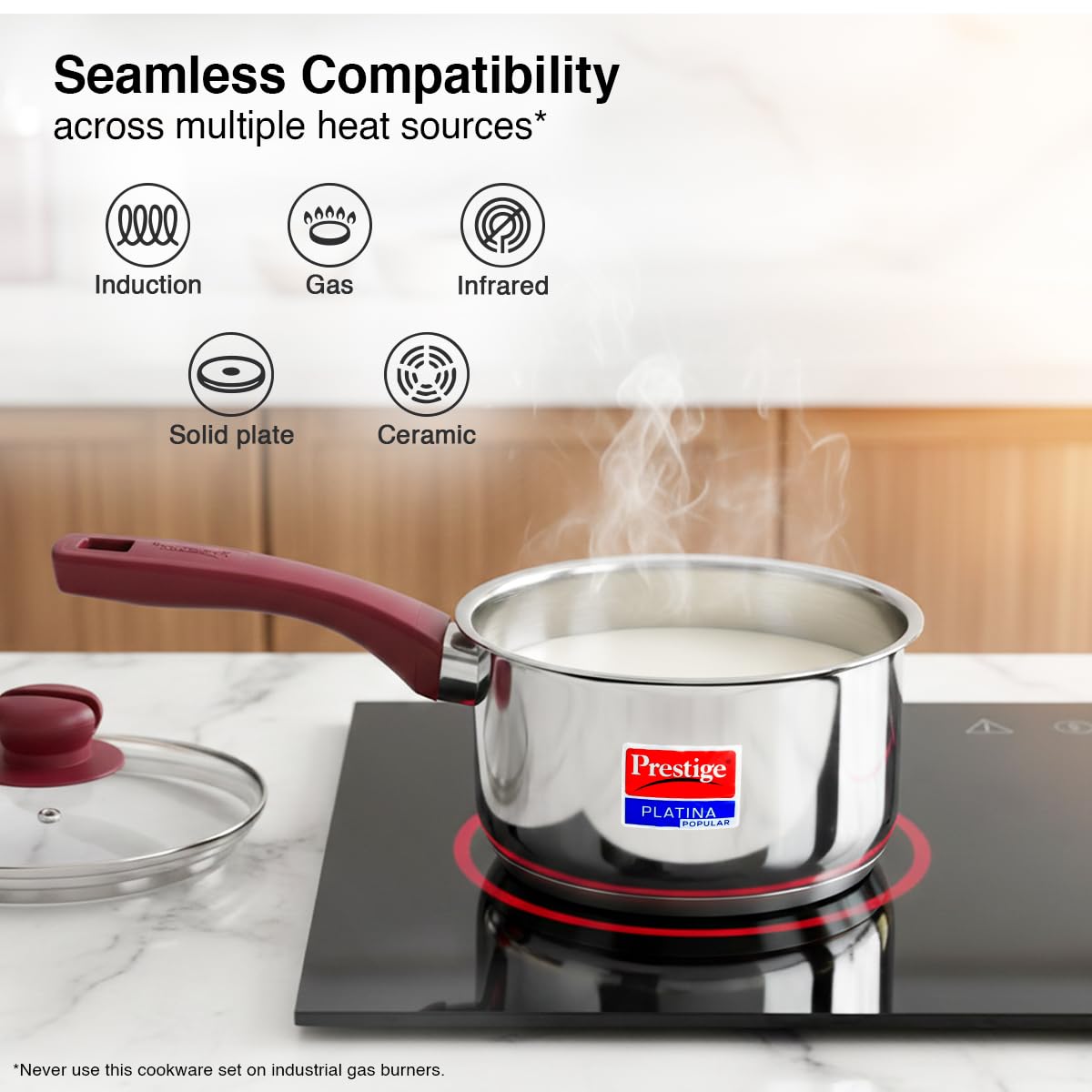 Prestige Platina Popular Stainless Steel Gas and Induction Compatible Sauce Pan with Glass Lid, 140 mm