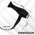 IKONIC Pro 2800+ Hair Dryer, Black|Professional|Brushless Dc Motor|Low Noise Function|Lightweight Design|Interchangeable Nozzle|Diffuser Attachment|Versatile Heat&Speed Setting|2600 Watts