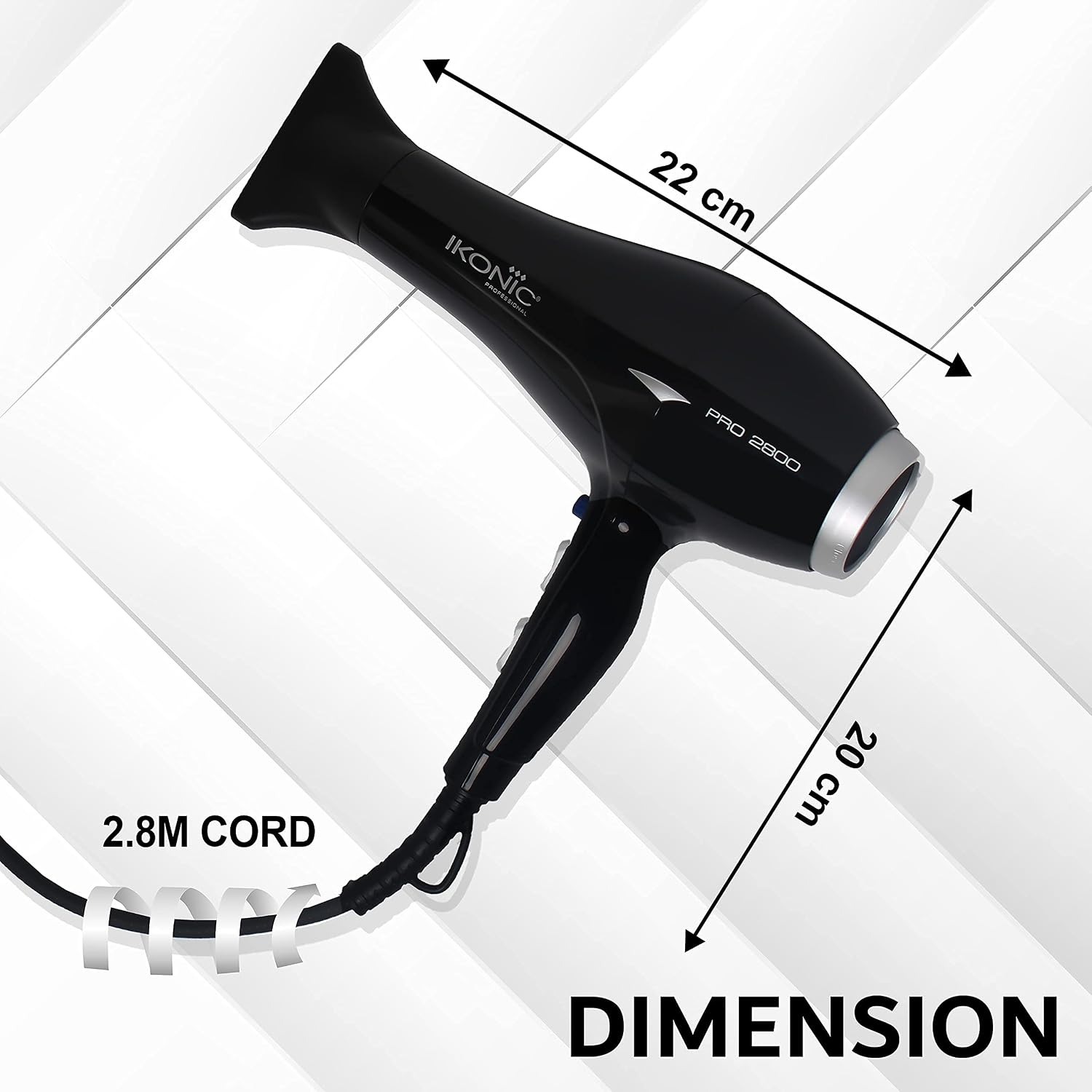 IKONIC Pro 2800+ Hair Dryer, Black|Professional|Brushless Dc Motor|Low Noise Function|Lightweight Design|Interchangeable Nozzle|Diffuser Attachment|Versatile Heat&Speed Setting|2600 Watts