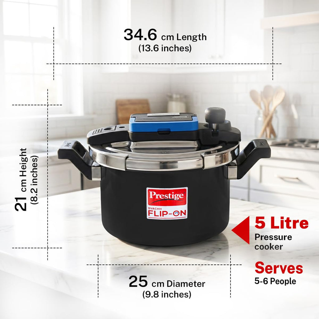 Prestige 5 Litre Hard Anodised Flip On Svachh Outerlid Pressure Cooker with Glass Lid|Deep lid for spillage control|Lid with single hand operation|Gas & Induction Compatible|5 Y warranty|ISI Certified