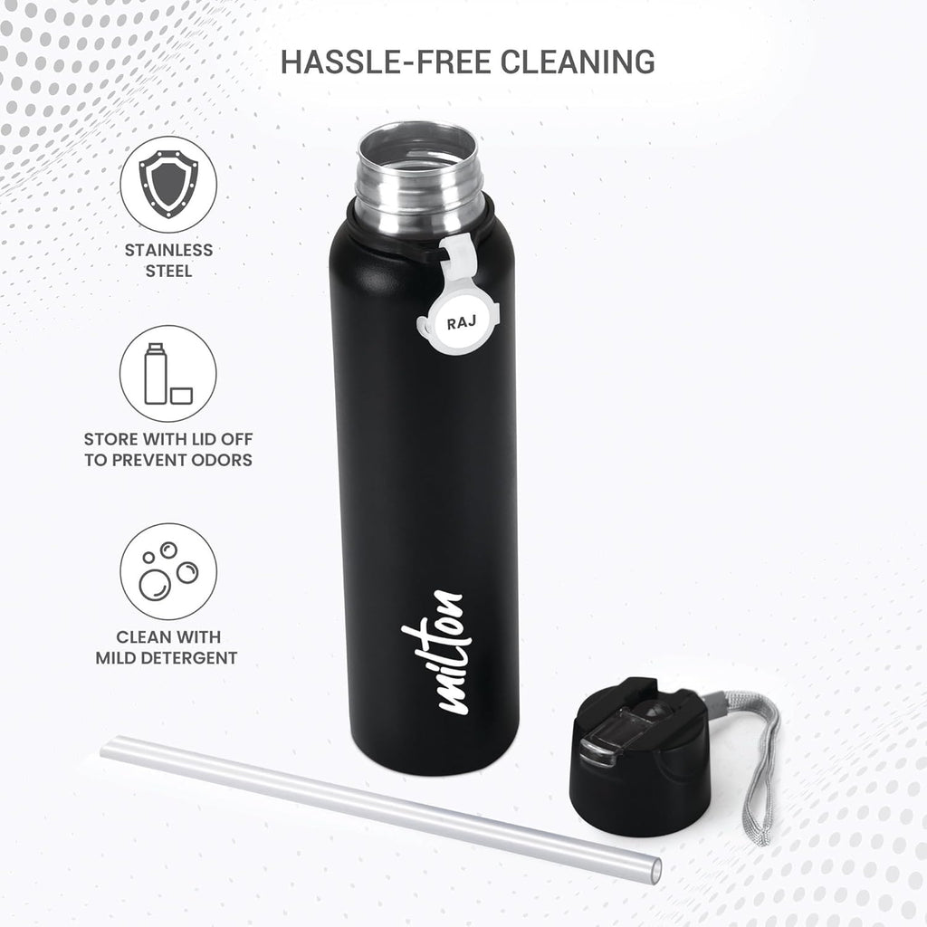 MILTON Sipstar 1000 Stainless Steel Sipper Water Bottle 875 ml, Single Walled, ISI Certified I Leak Proof Lid, Rust Proof I For School, Office, Gym I Black