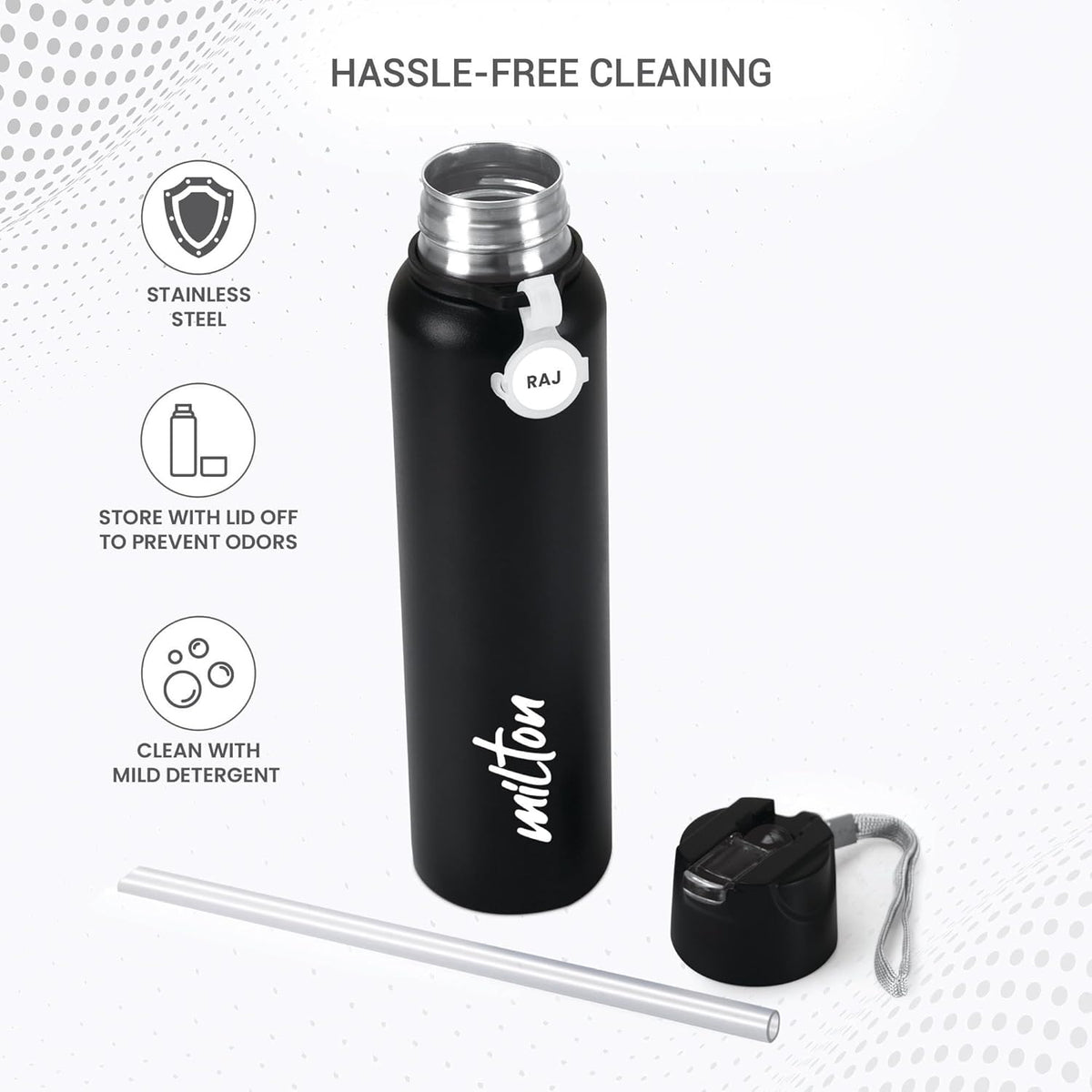 MILTON Sipstar 1000 Stainless Steel Sipper Water Bottle 875 ml, Single Walled, ISI Certified I Leak Proof Lid, Rust Proof I For School, Office, Gym I Black