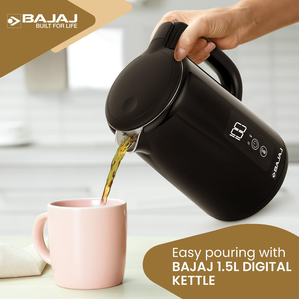 Bajaj KTP 1.5 Litre Digital Electric Kettle | Auto Shut-Off | Dry Boil Mechanism | Digital Temperature Display | 360-Degree Cordless Operation | 2-Yr Warranty By Bajaj 【Black】