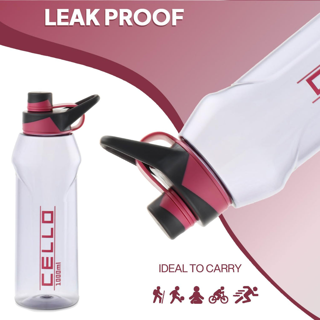 CELLO Fitbe Flip Cap Water Bottle For Daily Use 1000 ml, Black Pink | BPA Free, Reusable & Unbreakable Leakproof Lightweight Easy to Carry with Handle PET Water Bottle For Gym Office Indoor & Outdoor