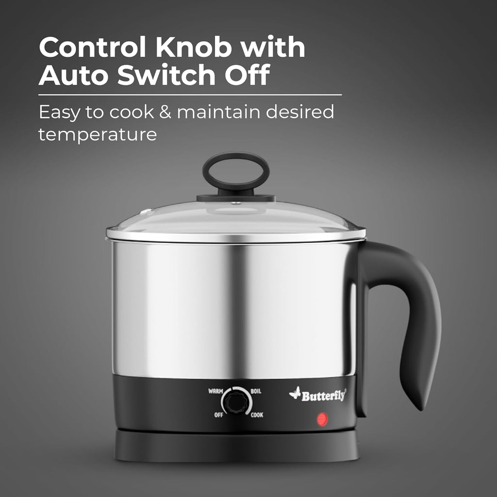 Butterfly Matchless Stainless Steel Multi Kettle 1.2 Litre | With Egg Rack, SS Stand | 600 Watts | For Hot Water, Tea, Coffee, Noodles, Egg Boiling, Soup | Dry Boil Protection | Silver