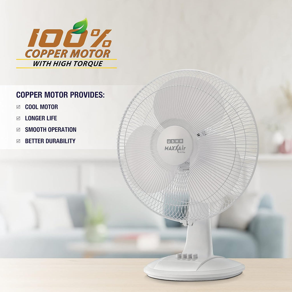 USHA Maxx Air Ultra Table Fan,400MM Sweep Size,1350 RPM,Aerodynamic Blade Design for High Air Delivery,Corrosion Protection with Plastic Blades,3 Speed Settings,100% Copper Motor,2 Year Warranty,White