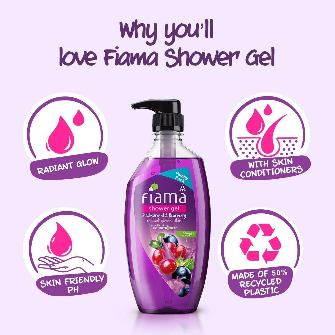 Fiama Body Wash Shower Gel Blackcurrant & Bearberry, 750ml Family Pack, Body Wash for Women & Men with Skin Conditioners for Radiant Glow, Suitable for All Skin Types