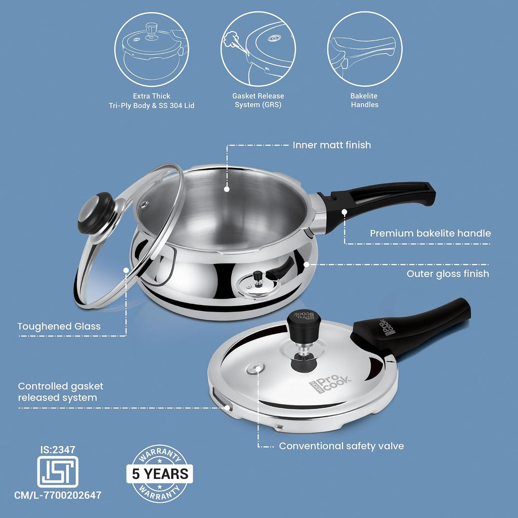 Milton Pro Cook Induction Cookware & Gas Stove Friendly Triply Stainless Steel Pressure Cooker 3.5 Litre with Dual Lid| Outer & Glass Lid | Gasket...