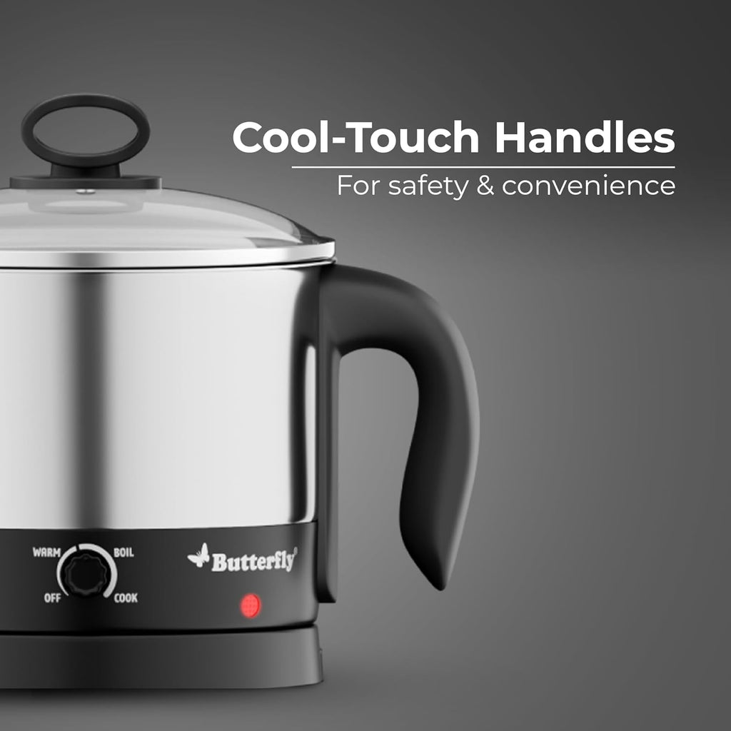 Butterfly Matchless Stainless Steel Multi Kettle 1.2 Litre | With Egg Rack, SS Stand | 600 Watts | For Hot Water, Tea, Coffee, Noodles, Egg Boiling, Soup | Dry Boil Protection | Silver