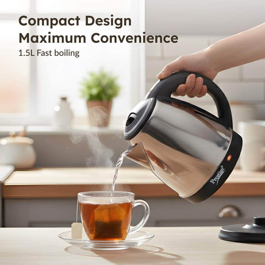 Prestige 1.5L PKOSS Stainless Steel Electric Kettle | 1350 Watts| Elegant Design | Cool-touch Handle and Lid | Automatic Cut-Off and Single-Touch Lid Locking | Black | 1Y Warranty | ISI Certified