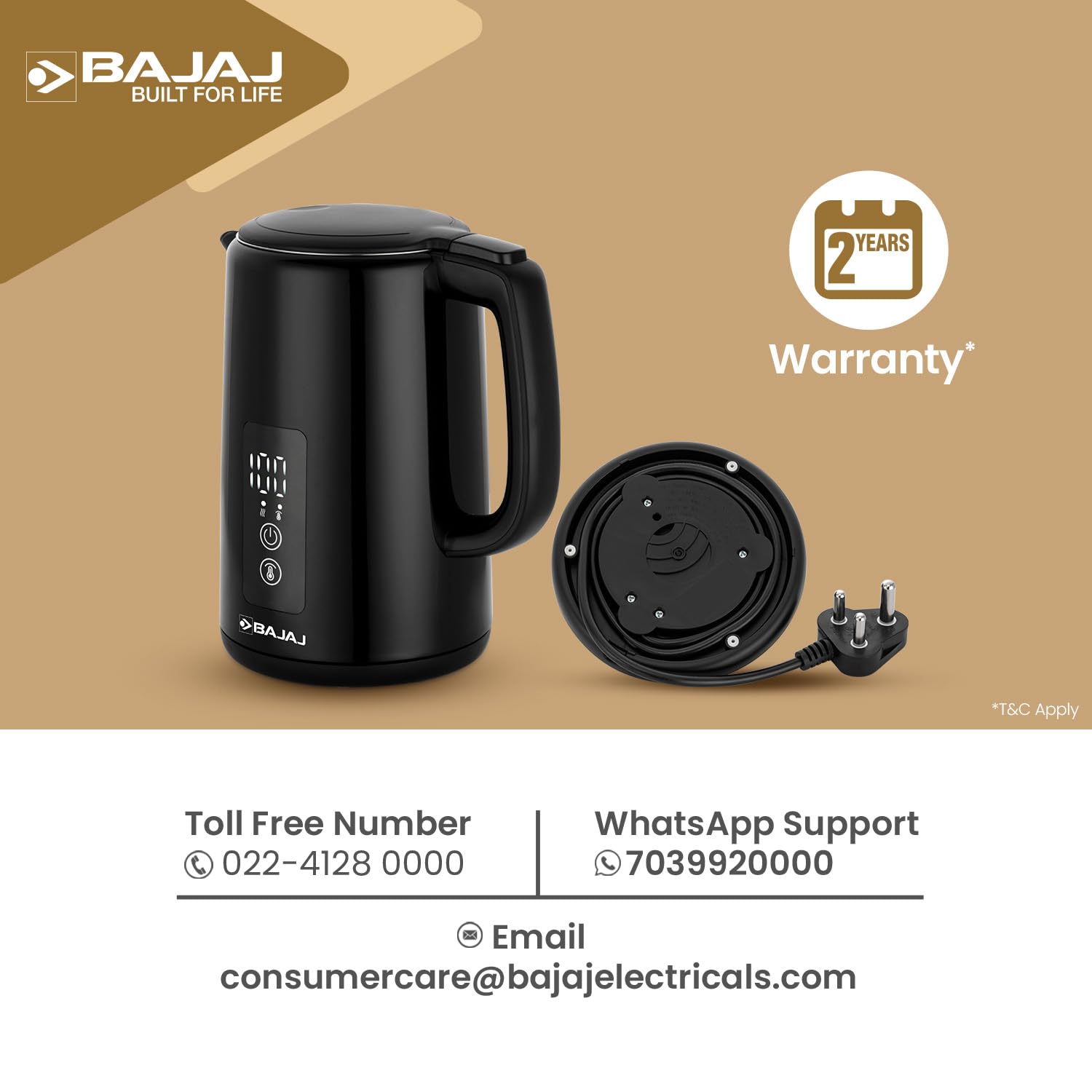 Bajaj KTP 1.5 Litre Digital Electric Kettle | Auto Shut-Off | Dry Boil Mechanism | Digital Temperature Display | 360-Degree Cordless Operation | 2-Yr Warranty By Bajaj 【Black】