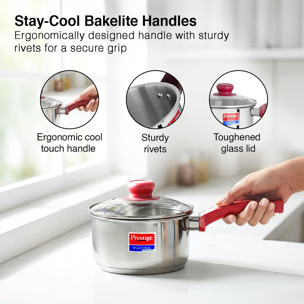 Prestige Platina Popular Stainless Steel Gas and Induction Compatible Sauce Pan with Glass Lid, 140 mm
