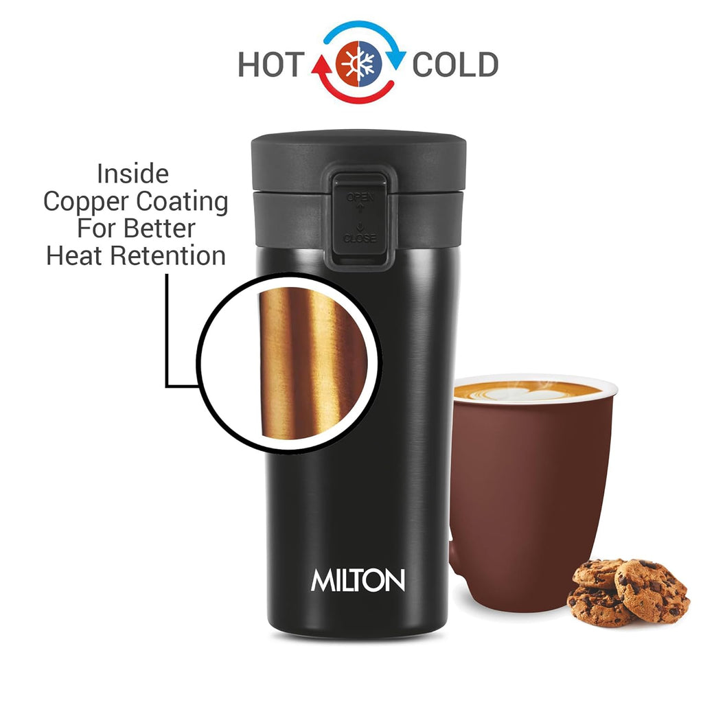 MILTON Go Electro 1.5L Fast Boil Kettle 1350W with 3x Safety Protection + 350ml Double Wall Vacuum Insulated Coffee Mug with Strainer, Stainless Steel Hot & Cold Combo for Home, Office, Travel,Gifting