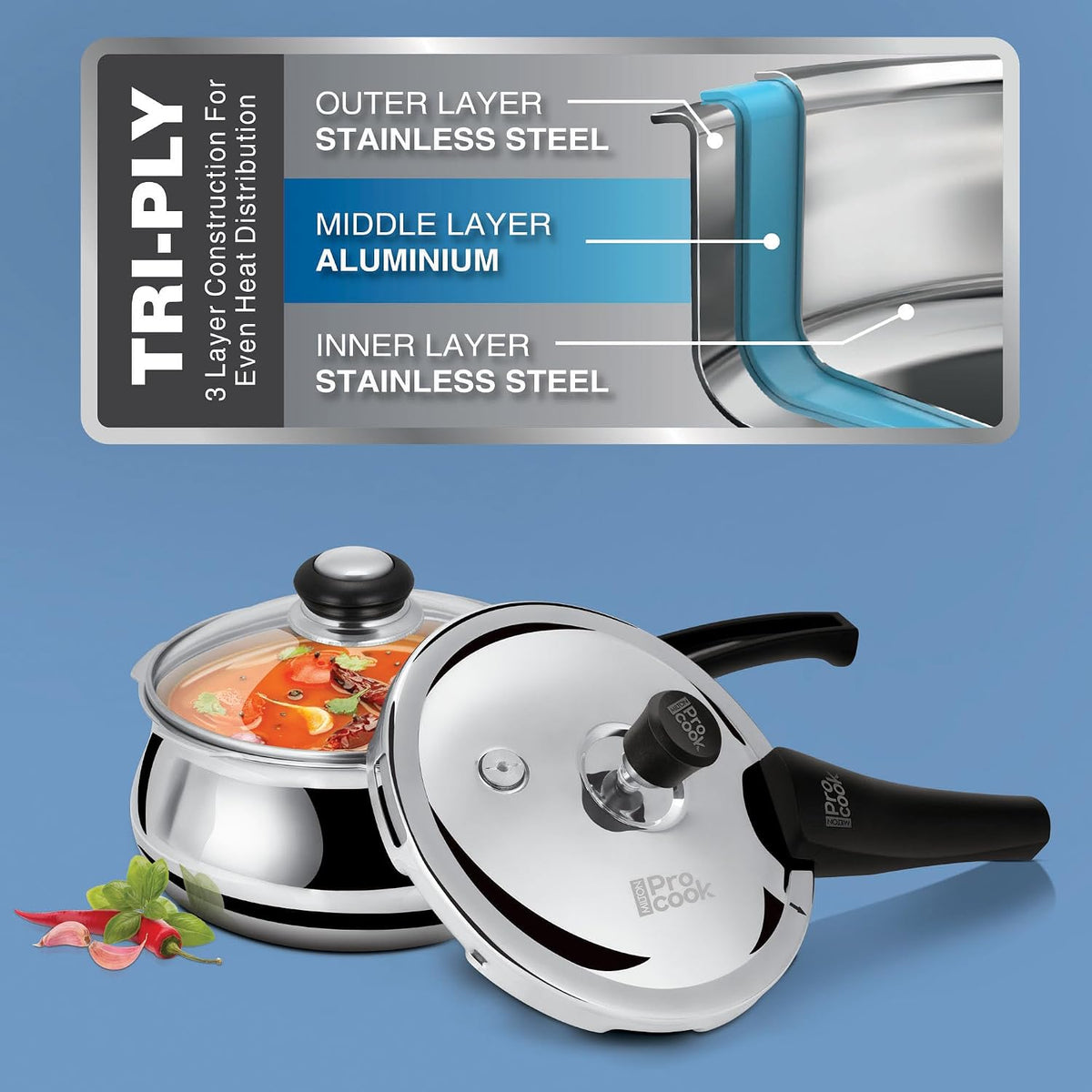 Milton Pro Cook Induction Cookware & Gas Stove Friendly Triply Stainless Steel Pressure Cooker 3.5 Litre with Dual Lid| Outer & Glass Lid | Gasket...