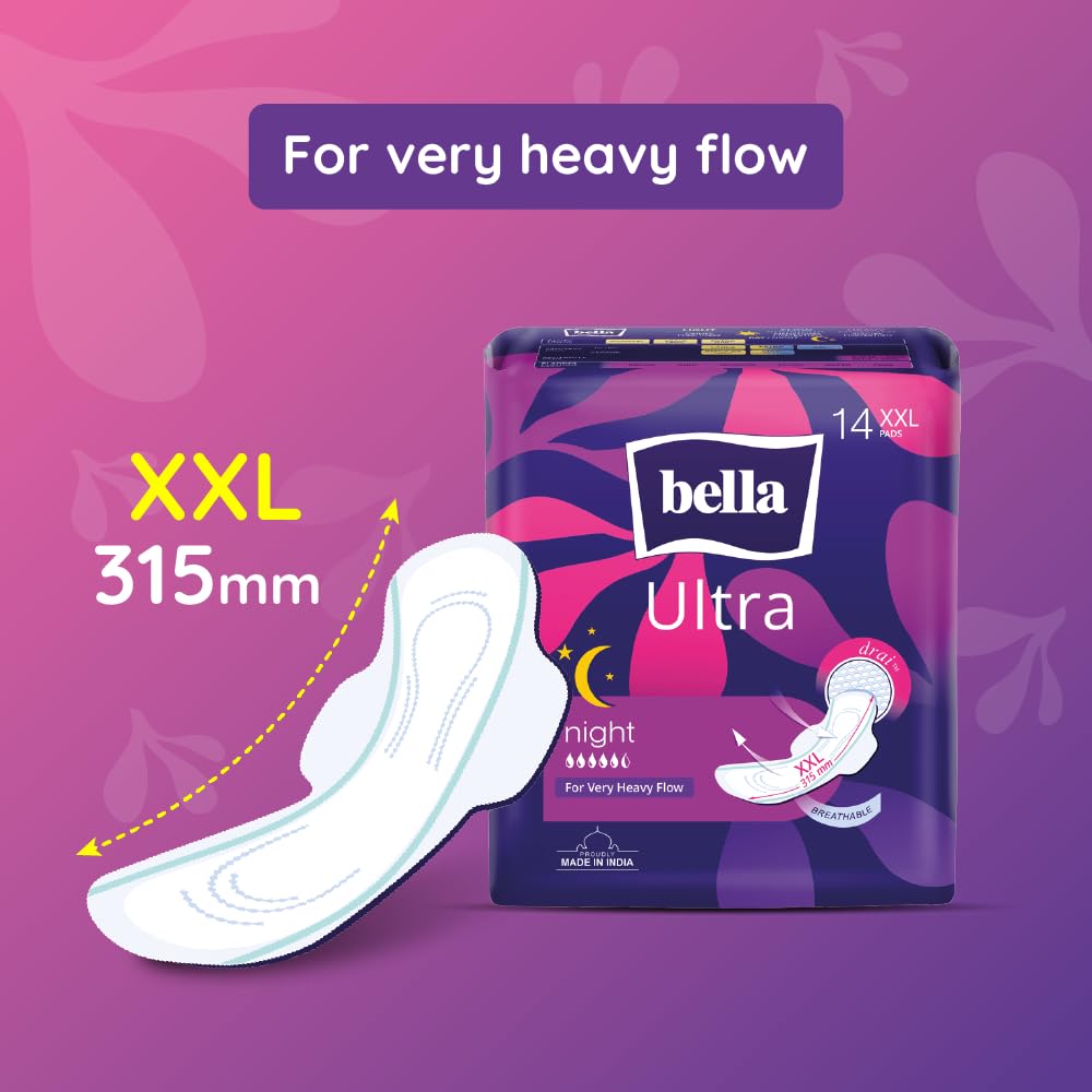Bella Ultra Night Drai Sanitary Pads Women XXL - 14pcs | Night Protection for Very Heavy Flow | 31.5 Cm Long | Breathable | Lock Gel System | Green Edge System | Fast Absorption | Rash Free Period