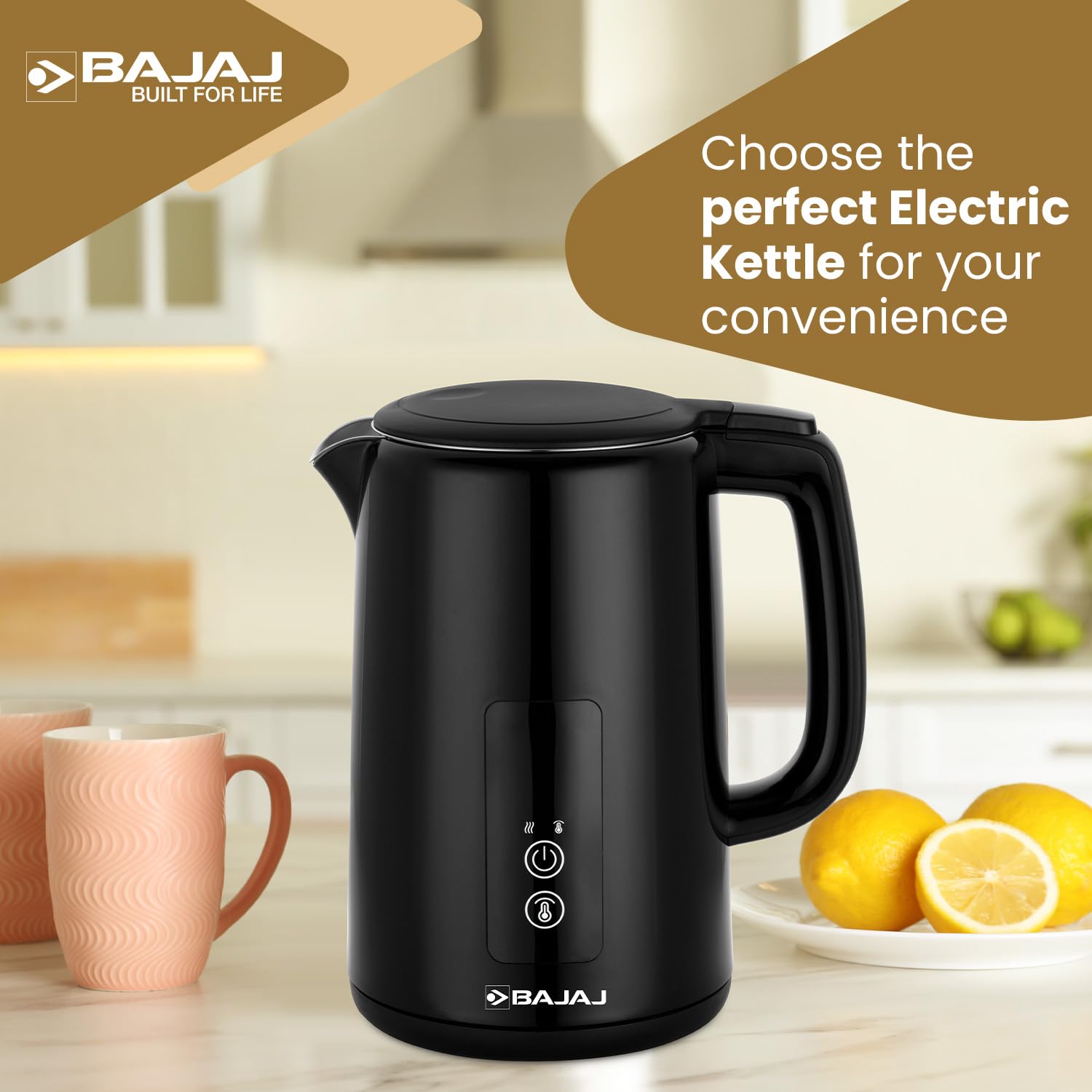 Bajaj KTP 1.5 Litre Digital Electric Kettle | Auto Shut-Off | Dry Boil Mechanism | Digital Temperature Display | 360-Degree Cordless Operation | 2-Yr Warranty By Bajaj 【Black】