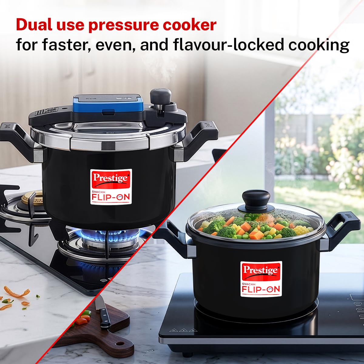 Prestige 5 Litre Hard Anodised Flip On Svachh Outerlid Pressure Cooker with Glass Lid|Deep lid for spillage control|Lid with single hand operation|Gas & Induction Compatible|5 Y warranty|ISI Certified