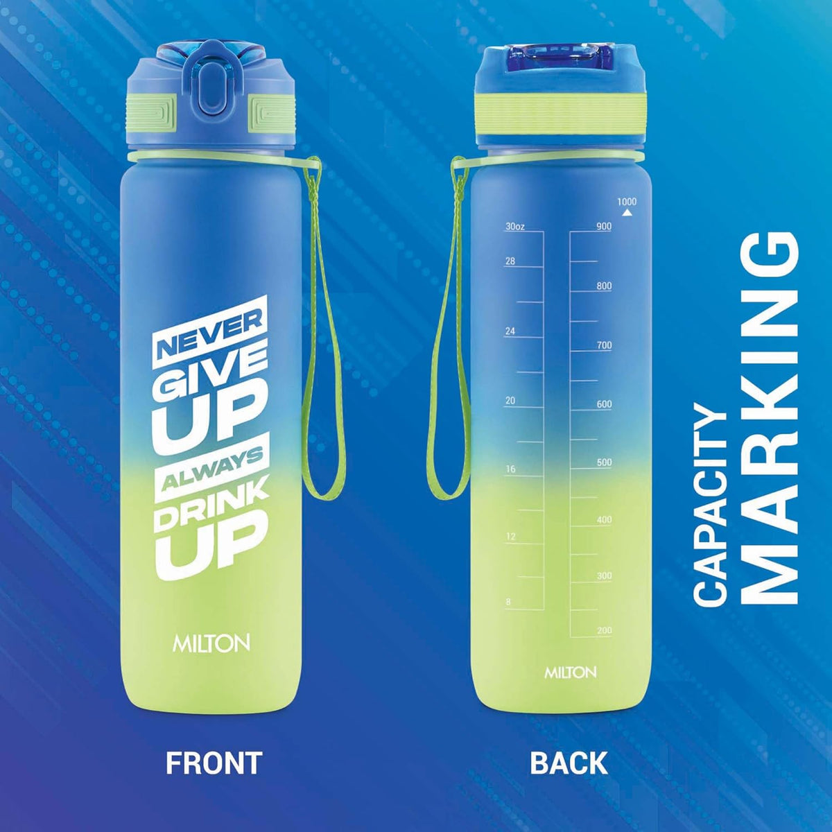 MILTON Gen'Z Water Bottle 1 ltr (Never Give Up), Motivational Water Bottles With Leak Proof Flip-Top Cap & Capacity Mark, Gym Bottle Sipper Water Bottle For Adults, Plastic, Blue