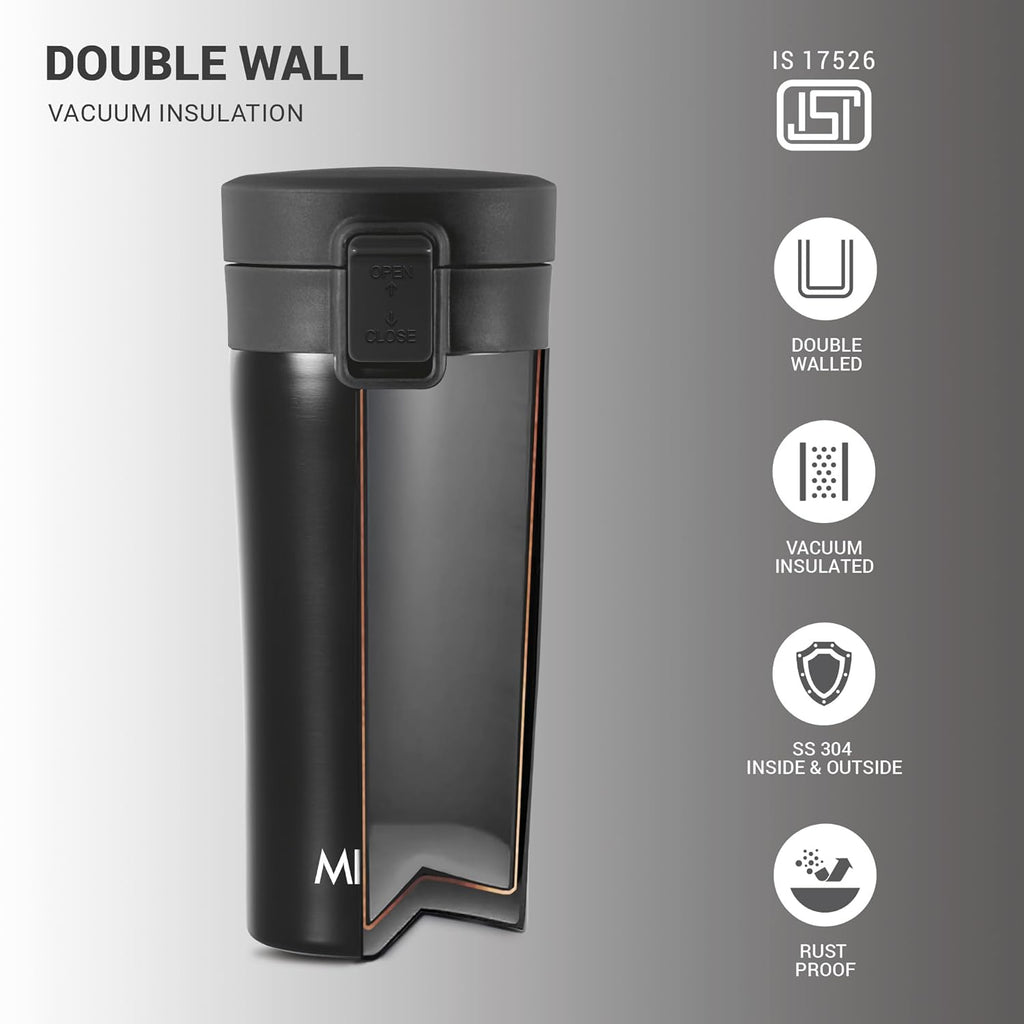 MILTON Go Electro 1.5L Fast Boil Kettle 1350W with 3x Safety Protection + 350ml Double Wall Vacuum Insulated Coffee Mug with Strainer, Stainless Steel Hot & Cold Combo for Home, Office, Travel,Gifting