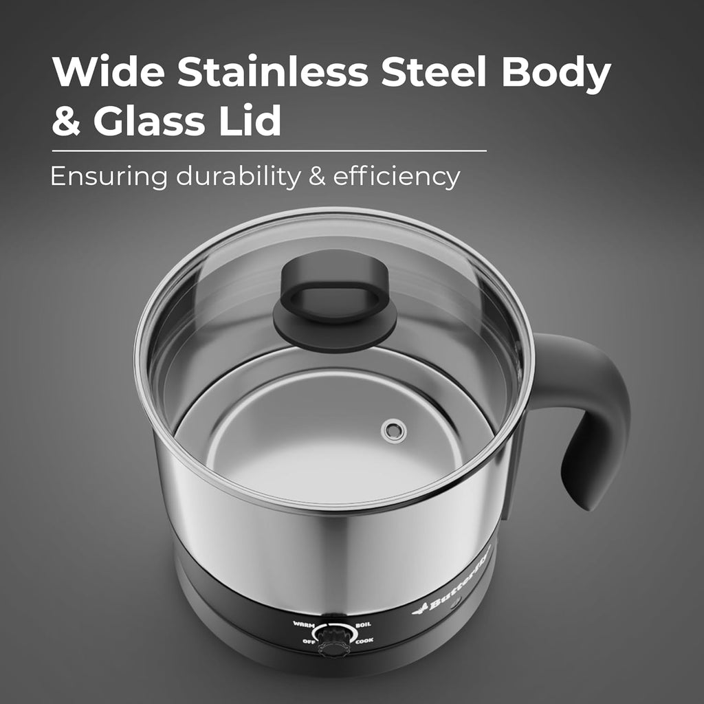 Butterfly Matchless Stainless Steel Multi Kettle 1.2 Litre | With Egg Rack, SS Stand | 600 Watts | For Hot Water, Tea, Coffee, Noodles, Egg Boiling, Soup | Dry Boil Protection | Silver