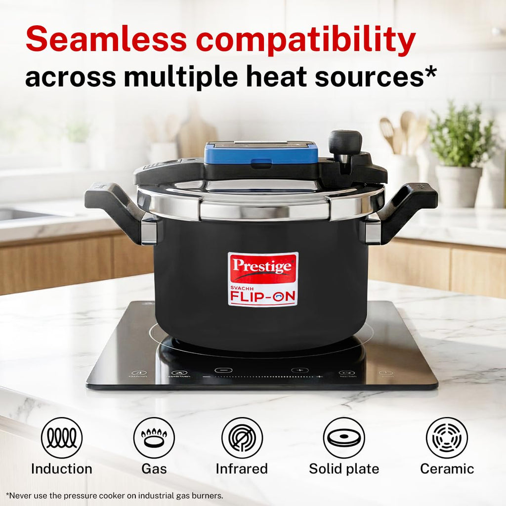 Prestige 5 Litre Hard Anodised Flip On Svachh Outerlid Pressure Cooker with Glass Lid|Deep lid for spillage control|Lid with single hand operation|Gas & Induction Compatible|5 Y warranty|ISI Certified