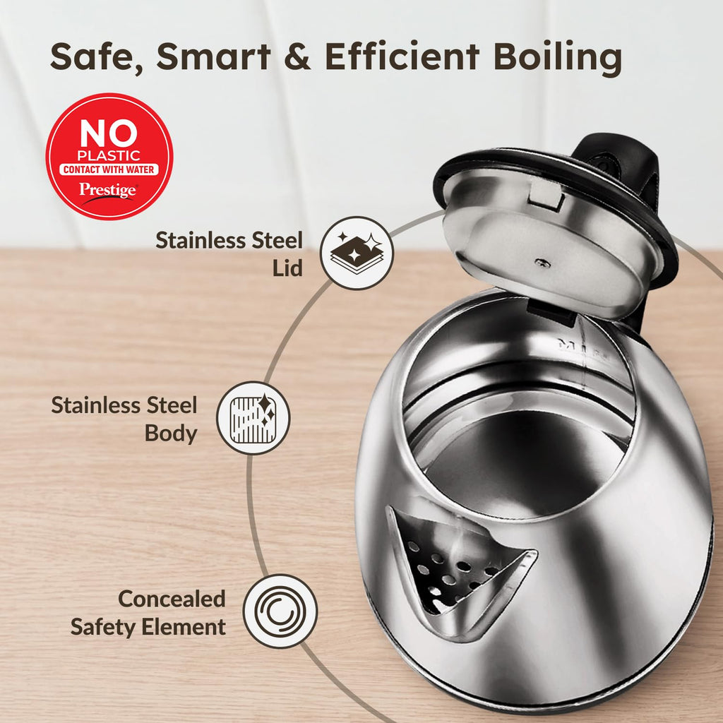 Prestige 1.5L PKOSS Stainless Steel Electric Kettle | 1350 Watts| Elegant Design | Cool-touch Handle and Lid | Automatic Cut-Off and Single-Touch Lid Locking | Black | 1Y Warranty | ISI Certified