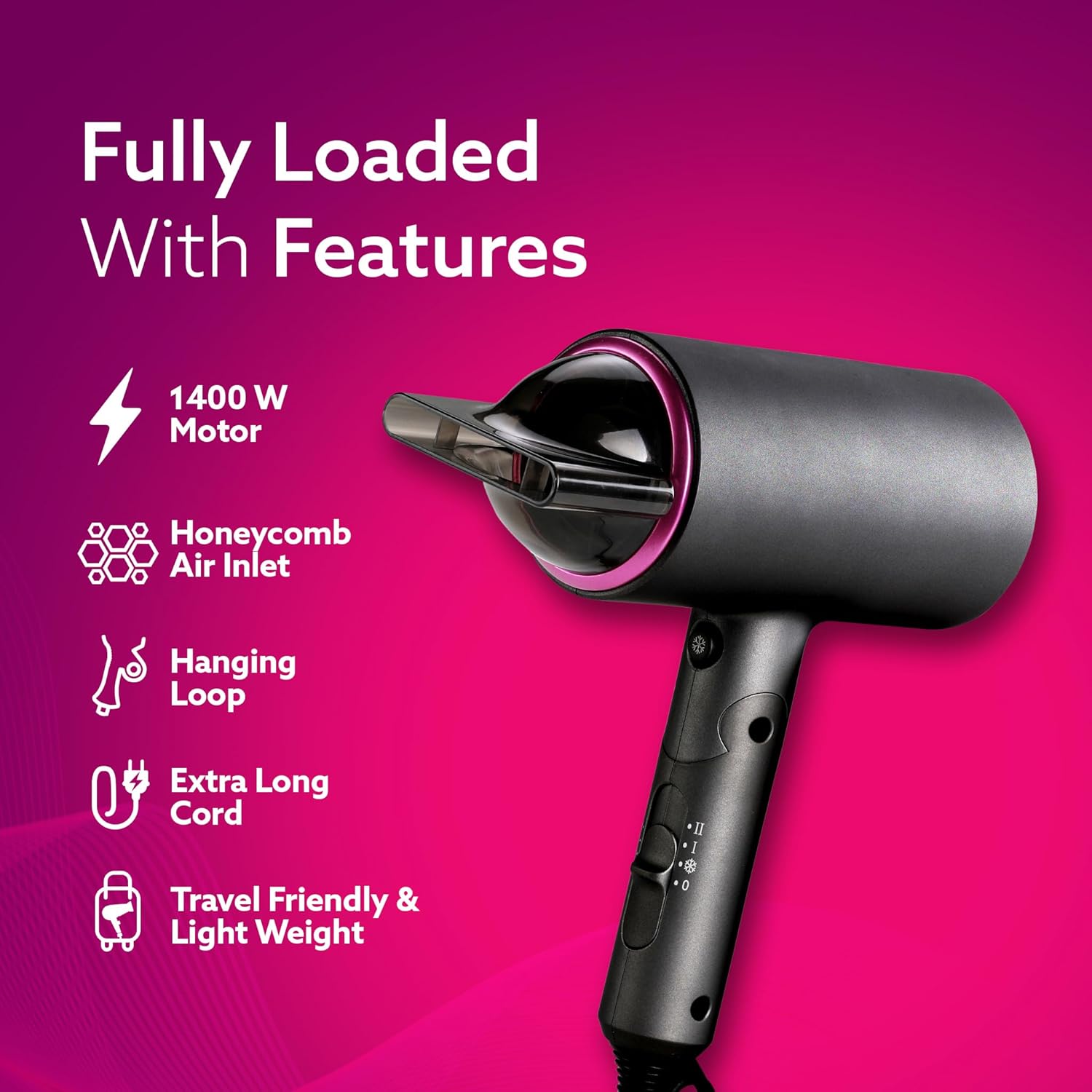 AGARO Premium Hair Dryer with 1400 Watts Motor, 3 Temperature Settings & Cool Shot Button-Black HD-1214