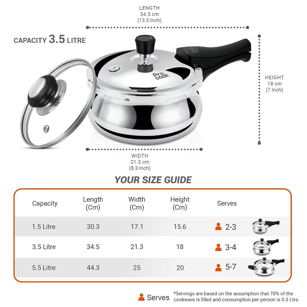 Milton Pro Cook Induction Cookware & Gas Stove Friendly Triply Stainless Steel Pressure Cooker 3.5 Litre with Dual Lid| Outer & Glass Lid | Gasket...