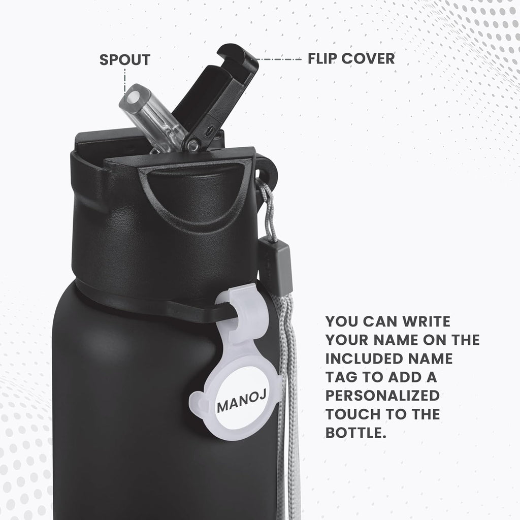 MILTON Sipstar 1000 Stainless Steel Sipper Water Bottle 875 ml, Single Walled, ISI Certified I Leak Proof Lid, Rust Proof I For School, Office, Gym I Black