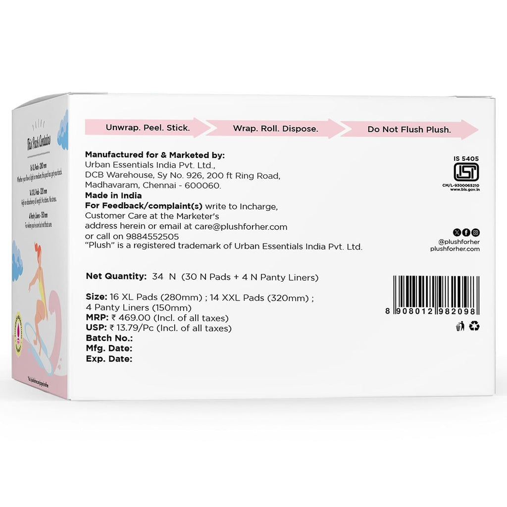 Plush Ultra-Thin Sanitary Napkins for Women, 30 Pcs | 16 XL Pads (Light-Medium Flow), 14 XXL Pads (Heavy Flow), 4Panty Liners | 100% Rash-Free | Pure U.S. Cotton XXL Sanitary Pads