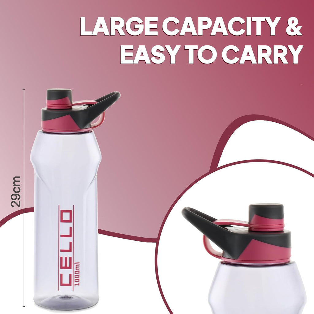 CELLO Fitbe Flip Cap Water Bottle For Daily Use 1000 ml, Black Pink | BPA Free, Reusable & Unbreakable Leakproof Lightweight Easy to Carry with Handle PET Water Bottle For Gym Office Indoor & Outdoor