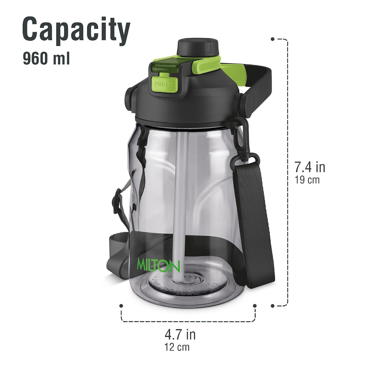 MILTON Eros 1000, 2-in-1 Sip or Gulp Lid Water Bottle 960ml | Unbreakable - Crystal Clear Plastic | Leak-Proof & BPA-Free, One-Click Open | Ideal for School, Office, Gym & Travel Use, Black