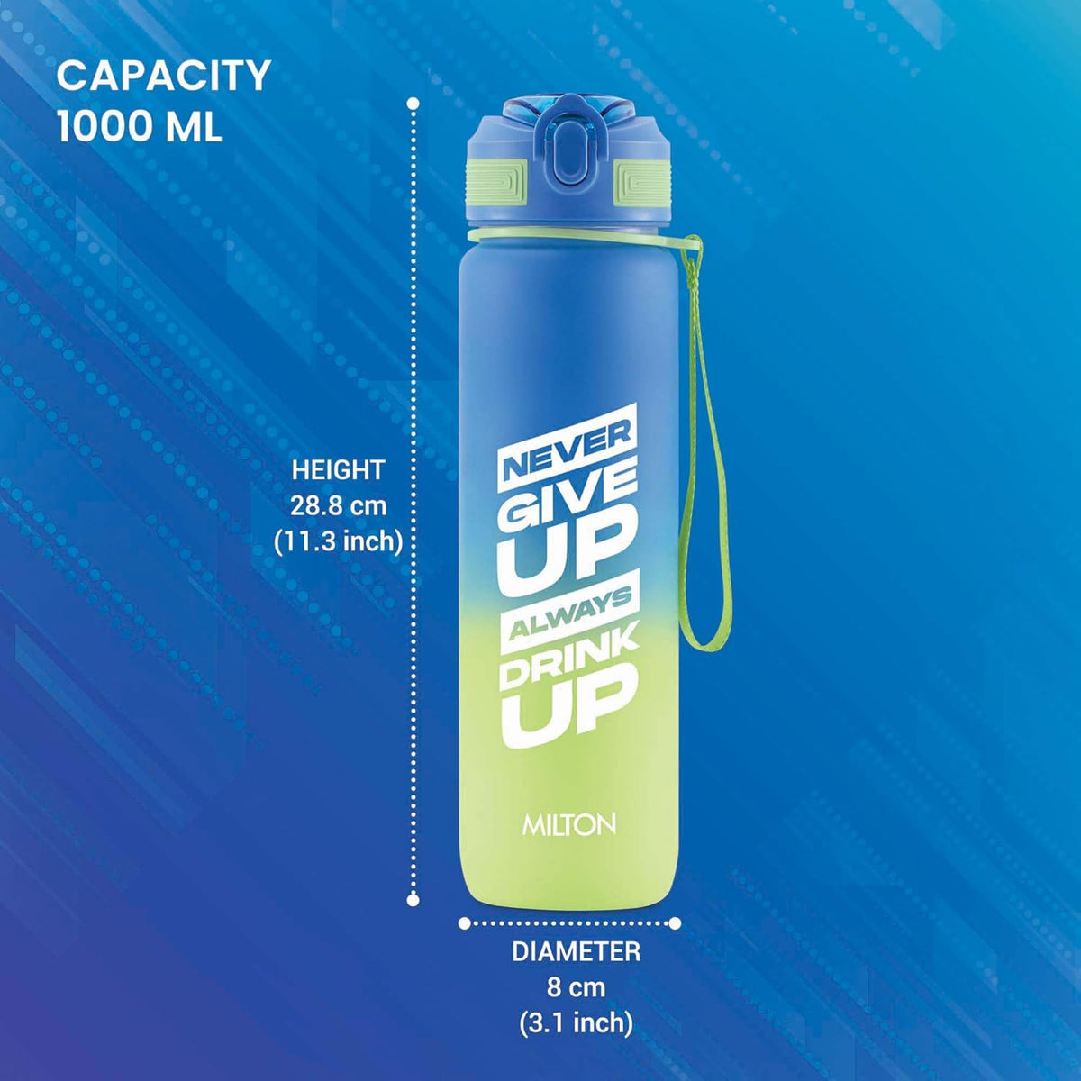 MILTON Gen'Z Water Bottle 1 ltr (Never Give Up), Motivational Water Bottles With Leak Proof Flip-Top Cap & Capacity Mark, Gym Bottle Sipper Water Bottle For Adults, Plastic, Blue