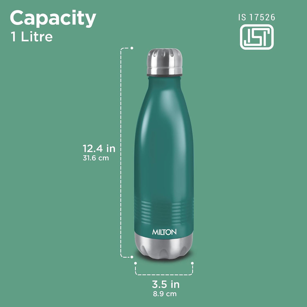 Milton Duo DLX 1000 Thermosteel Bottle, 1000 ml Water Bottles, 24 Hours Hot and Cold, Easy to Carry, Easy Grip, Rust Proof, Tea, Coffee, Office, Travel Bottle, Matt Green