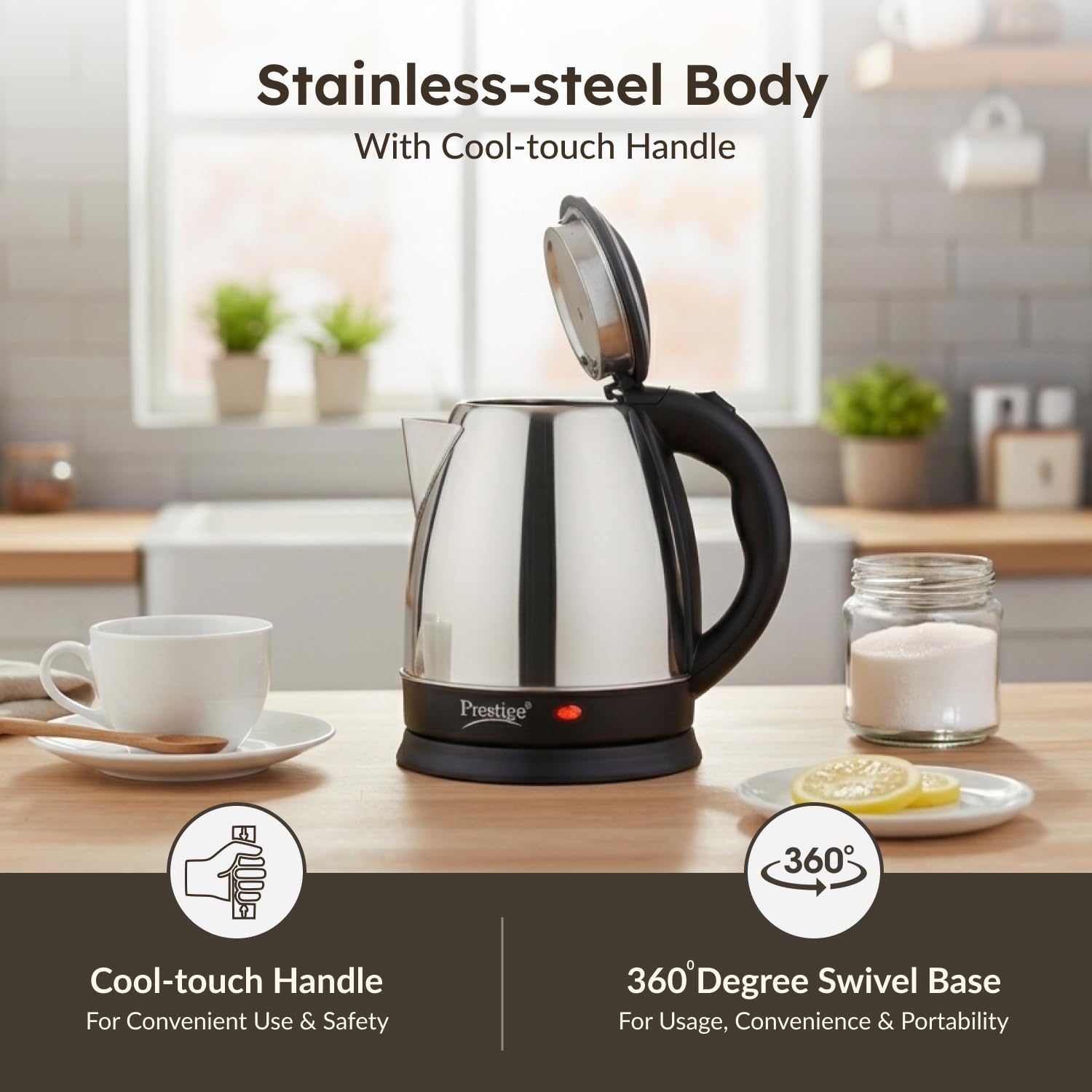 Prestige 1.5L PKOSS Stainless Steel Electric Kettle | 1350 Watts| Elegant Design | Cool-touch Handle and Lid | Automatic Cut-Off and Single-Touch Lid Locking | Black | 1Y Warranty | ISI Certified
