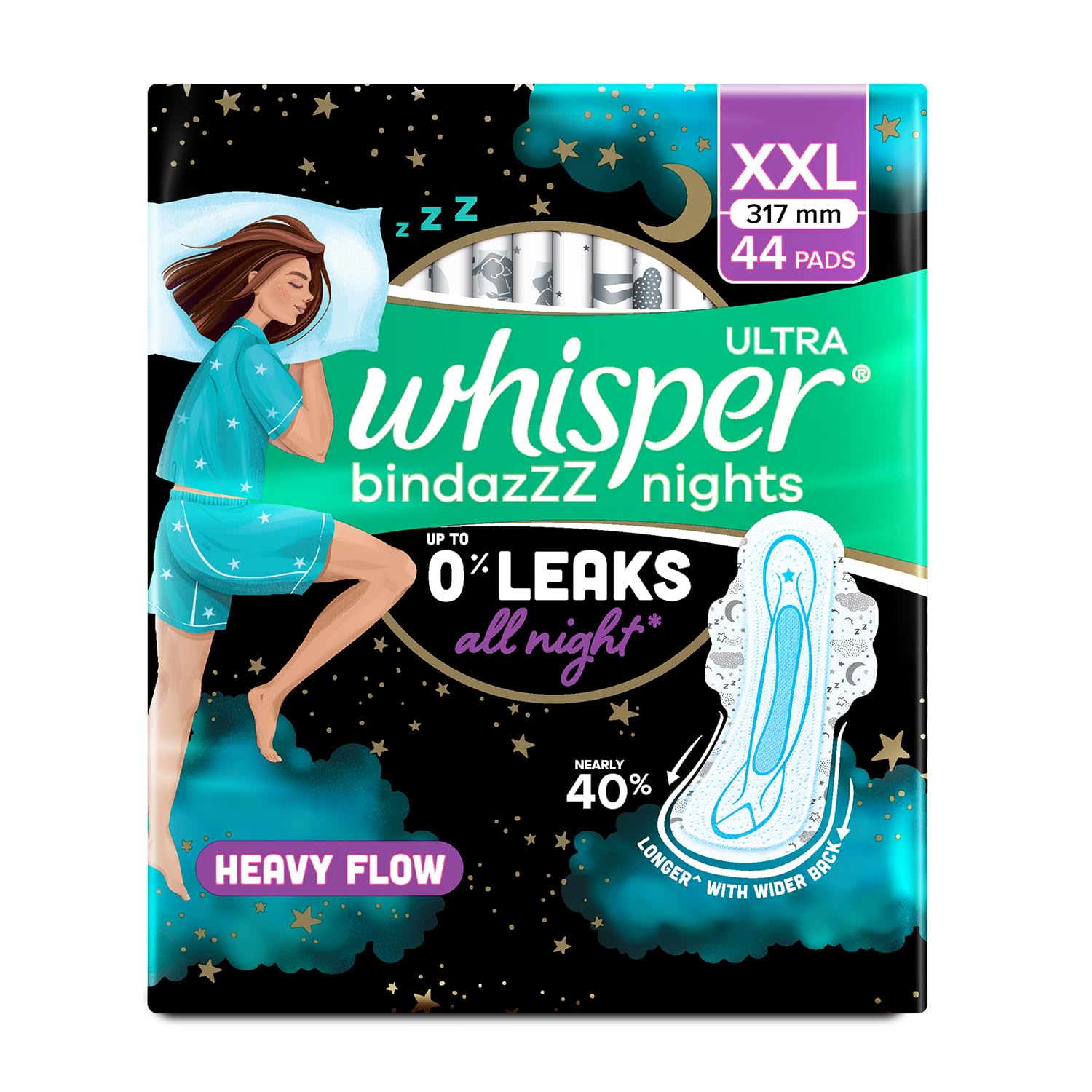 Whisper Bindazzz Nights 44 XXL Sanitary Pads, Upto 0% Leaks All Night Long(Pack of 2)