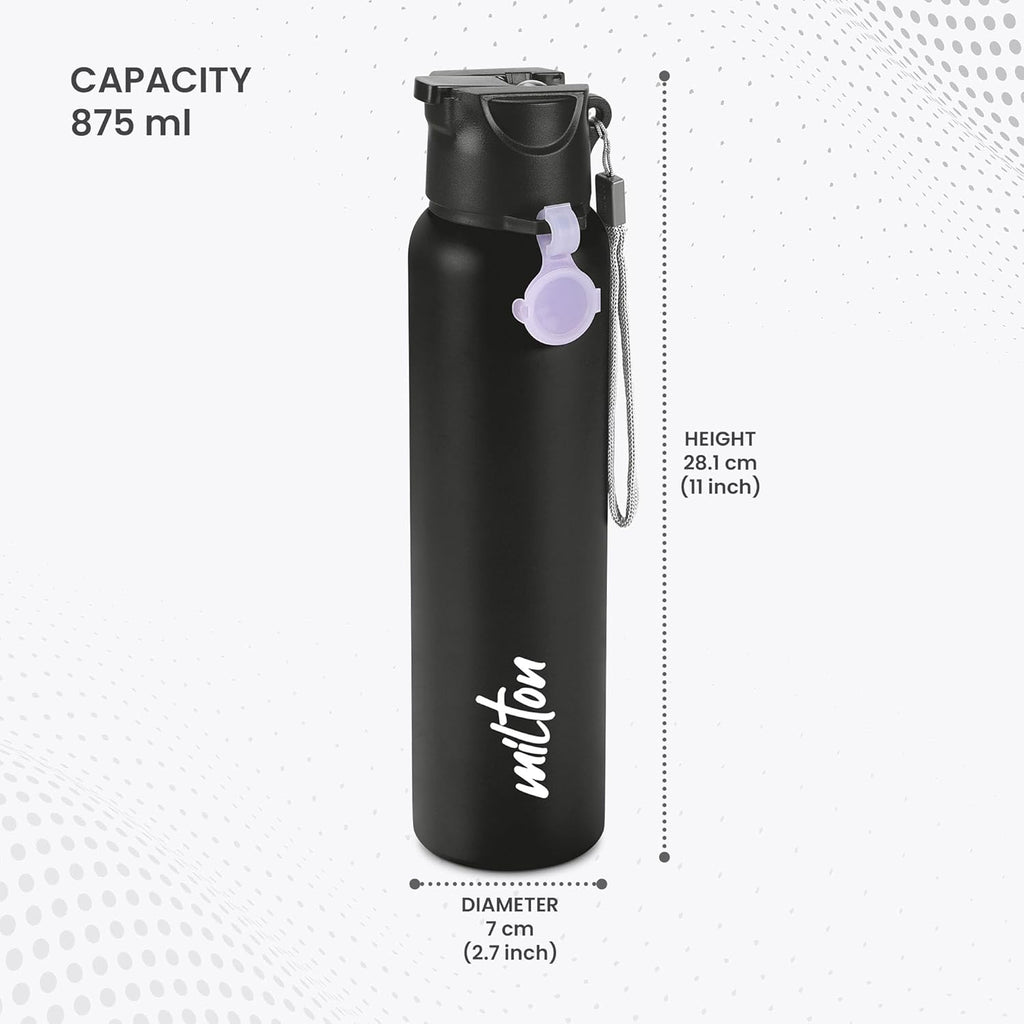 MILTON Sipstar 1000 Stainless Steel Sipper Water Bottle 875 ml, Single Walled, ISI Certified I Leak Proof Lid, Rust Proof I For School, Office, Gym I Black